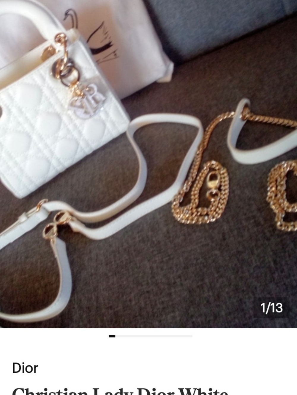 Authentic Dior White Quilted Lambskin Mini Bag with Gold Hardware
